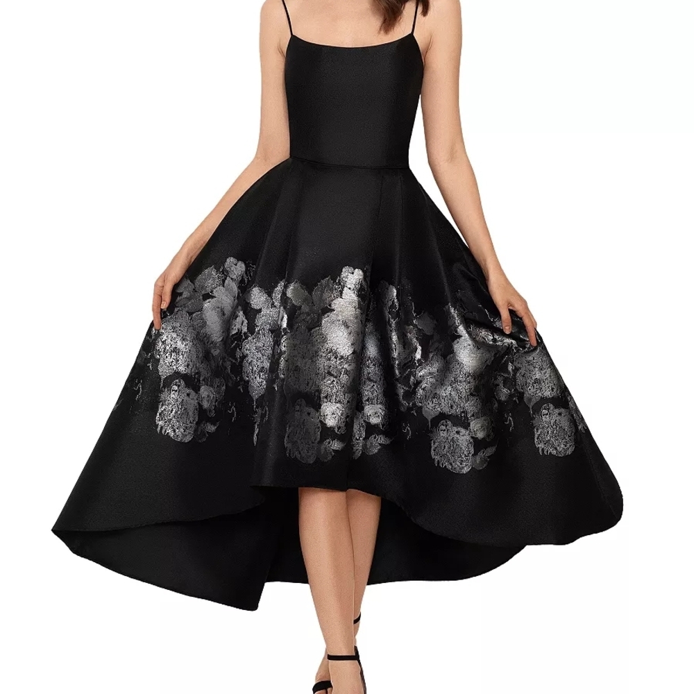 Xscape Black High-Low Cocktail Dress with Silver Floral Foil